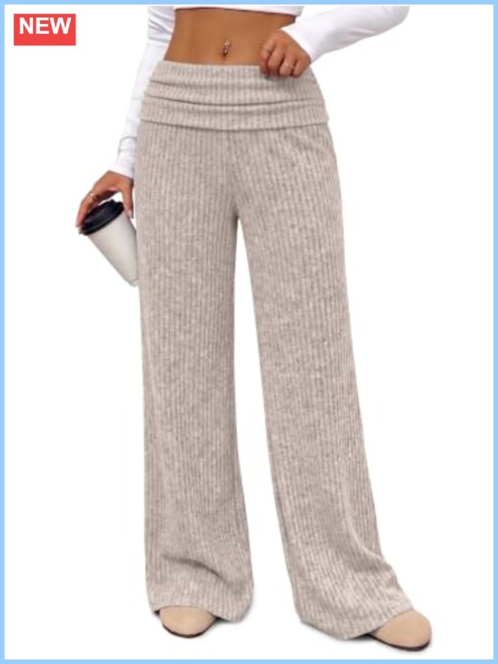 Wide Leg Pants for Women High Waisted Ribbed Knit Loose Fit